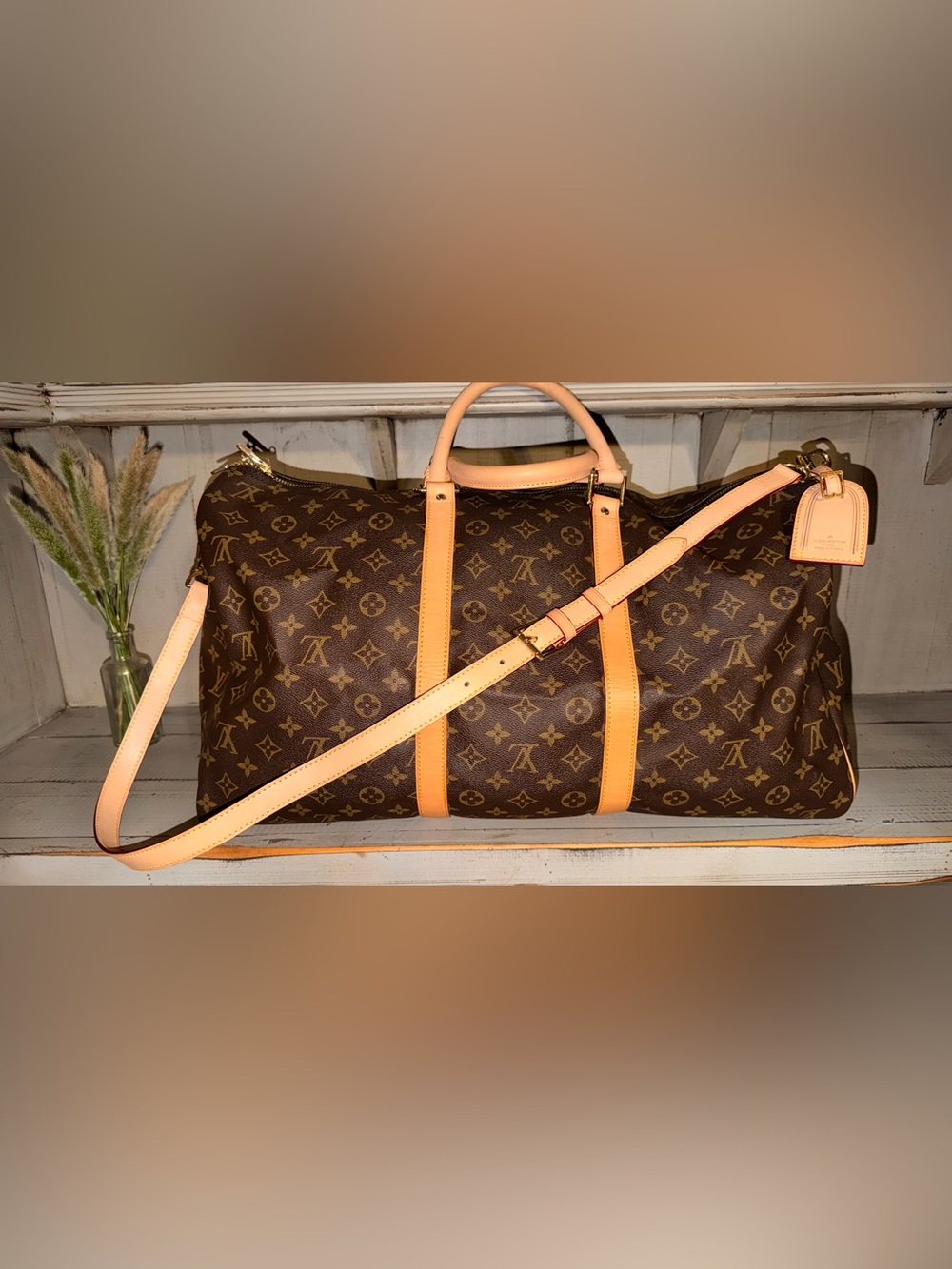 Louis Vuitton Brown Monogram Duffel with Tan Leather Straps
